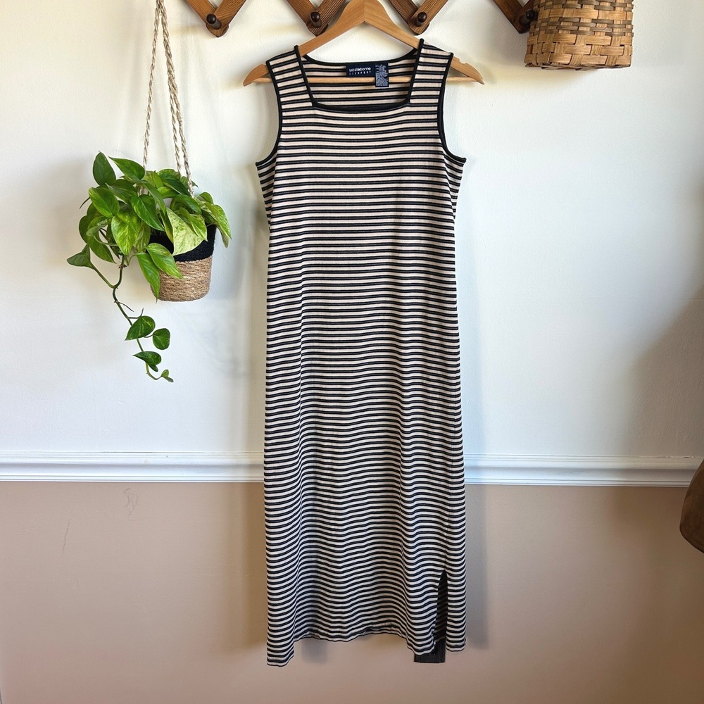 Vintage Liz Claiborne Lizsport Striped Sleeveless Maxi Dress Black Beige